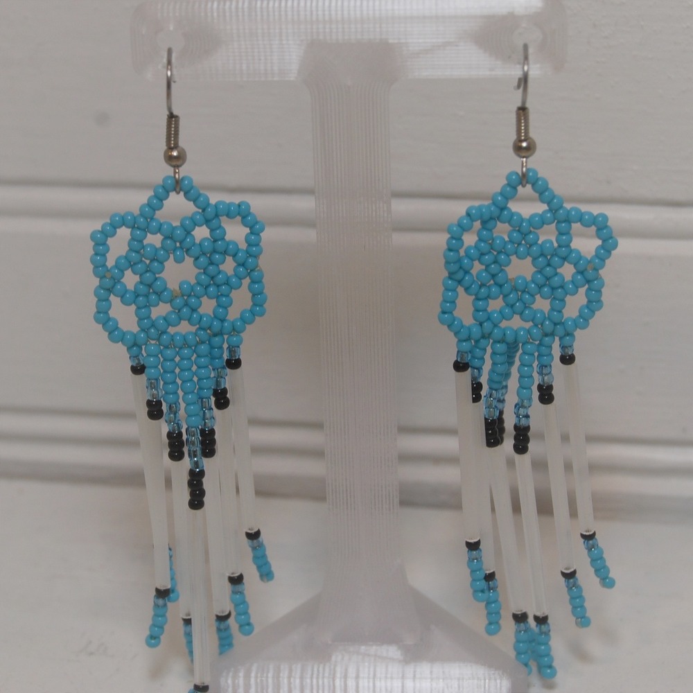 Handmade seed bead earrings Long Fringe Native‎ American Indigenous Beadwork